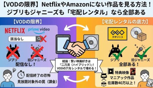 【VODの限界】NetflixやAmazonにない作品を見る方法！ジブリもジャニーズも「宅配レンタル」なら全部ある